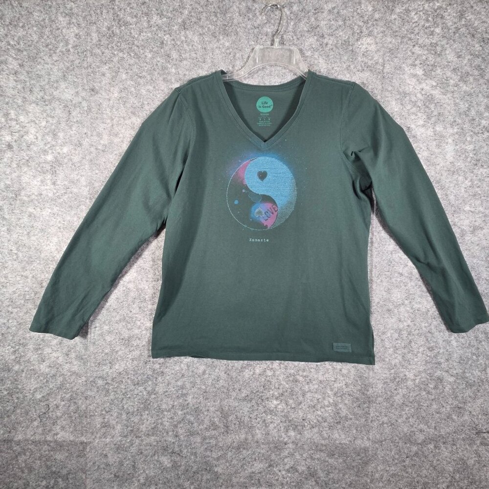 Life is Good Yin Yang Graphic Long Sleeve Tee Women’s Size L Green Casual - Picture 1 of 8